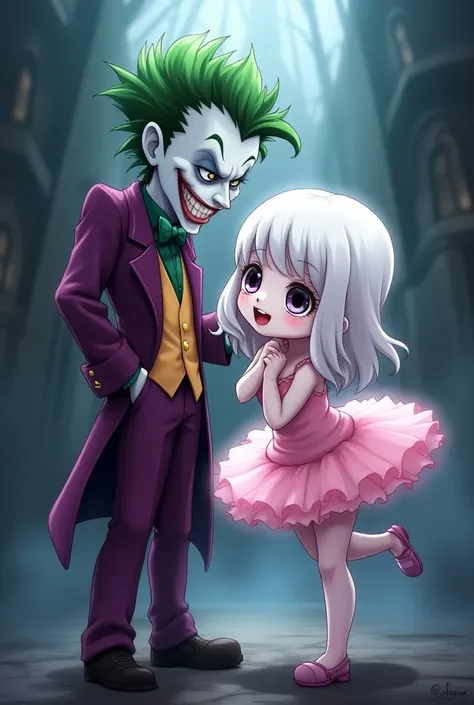 anime, Sweet Cheeky Joker ( from Batman movie)  next to it a cute little female ghost in pink tutu