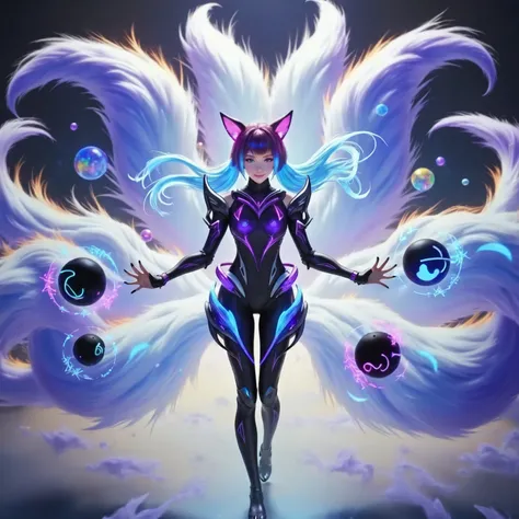 best aesthetic,1girl,solo,long hair,looking at viewer,smile,gloves,fox tail,fox ears,multiple tails,Glowing quantum energy orbs,form-fitting suit,digital patterns,ghostly effects,purple,blue,neon accents,quantum realm,floating energy particles,distorted sp...