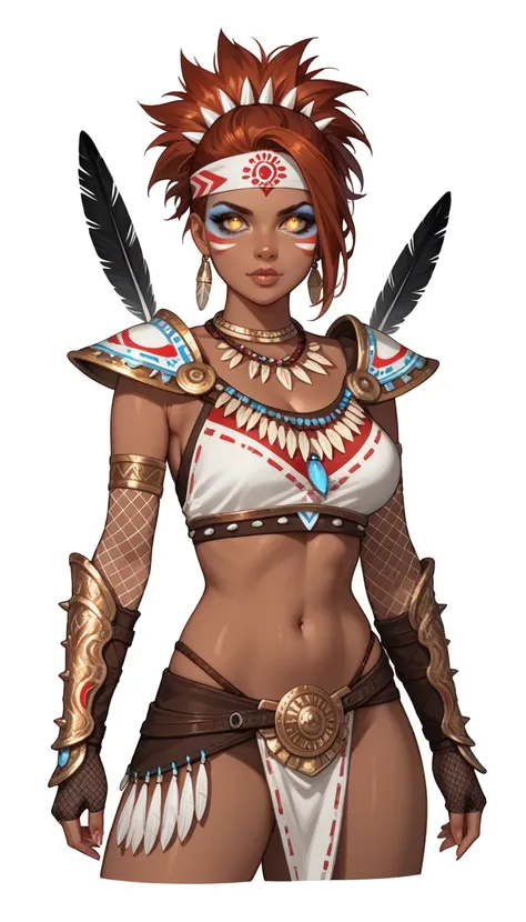 Solo, dark skinned girl, really short hair, spiked hair, auburn hair, glowing golden eyes, Feathered Tribal Headband, Feathery Angelic Armor, Tribal Makeup, Jeweled golden necklaces, Jeweled gauntlets, (Rainbow magic in both hands),, In Combat, Fishnets, w...