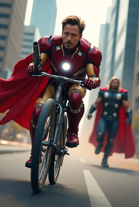 Tony starc riding bicycle in iron man dress chasing thor by gun