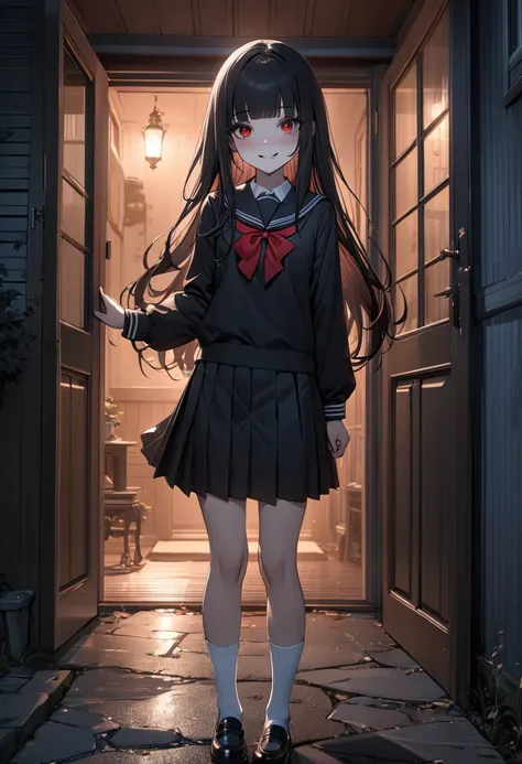 masterpiece, best quality, 8k, ultra detailed, 1 girl, black long hair, smooth silky hair, blunt bangs, red eyes, black school uniform, white socks, flat chest, welcoming guest, in front of residence, eerie smile, night, dark, eerie atmosphere