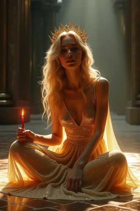 Beautiful blonde hair girl wearing golden sparkling  floor touch gown ; crown 👑; sitting in a  big  dark room floor ; with a red candle in her hand; 