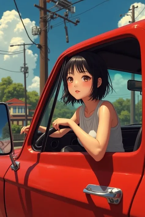 ((Best Quality)), ((masterpiece)), (  Details),  1 girl, Drive a red pickup truck　Black short hair　Japanese beauty