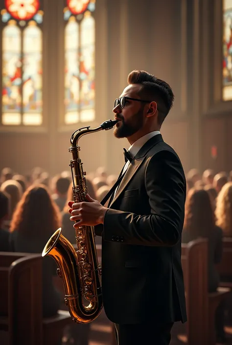 Realistic image of a brown saxophonist playing alto saxophone with black sunglasses and an elegant suit and who is playing in a church in front of many people who have a hairstyle 