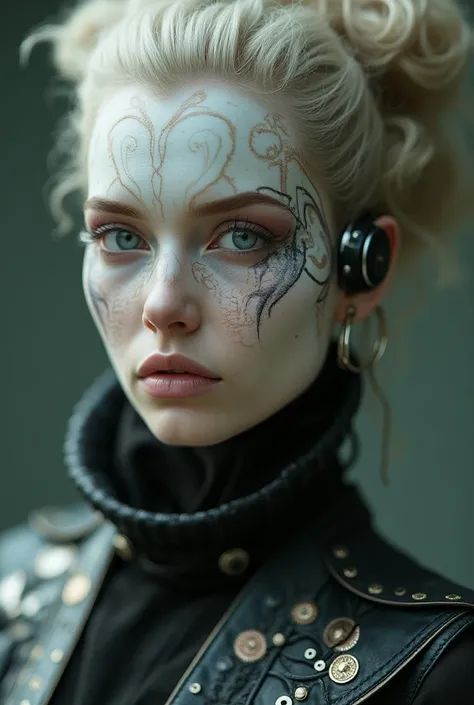 simplified: androgynous, porcelain-like skin, baroque punk, Salvador Dali, Eagle Eye Piercing, like an android avant-garde fashion photography, Postmodern, surrealist, ultra HD, meticulously detailed, 8k by Mario Testino.. Ultra-detailed, realistic, photor...