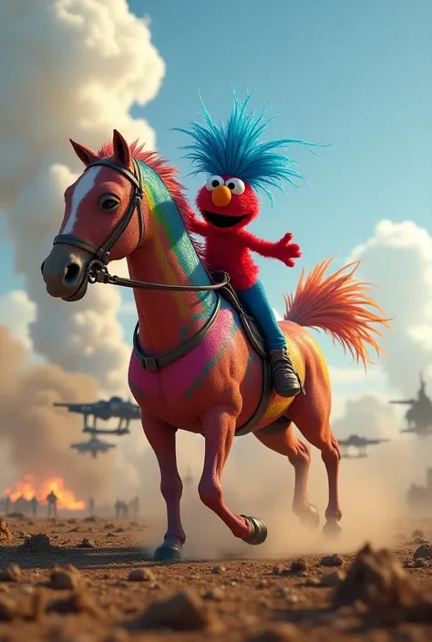 An ordinary red Elmo rides a horse 。 realistic cool shining blue standing hair 、 and his body straddles a huge horse shining in rainbow colors、The horse is sprinting 。The background is a battlefield and fighter 。