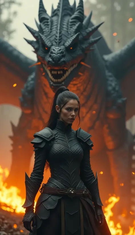 A hyperrealistic, ultra-detailed cinematic scene of a battle raging in a dense, burning forest. A breathtakingly beautiful woman stands in the foreground, small but fierce, wearing dark dragon-scale armor that accentuates her form with elegant strength. He...