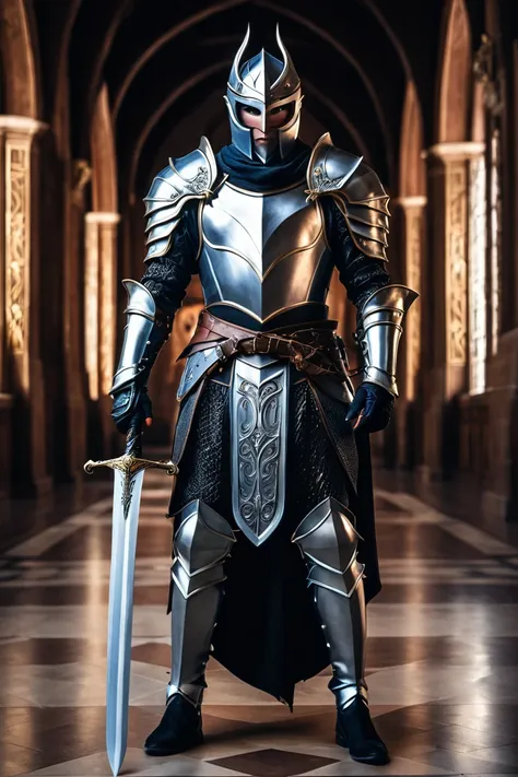  An armed man with a sword is standing in the large hall, Showing her from the chest up, magic knight , Fantasy Warrior, The entire bare skin of his face is visible from the mask ,  sexy lips, Full Armor