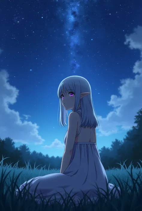 Wallpaper of Half-elf Emilia, who has silver hair and purple eyes, is sitting in a field with an emotional expression and looking up at the night sky in the dress Rizero wears