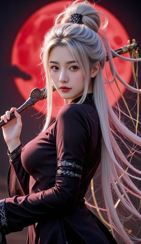 a woman with long white hair and a black dress standing in front of a red moon, white haired deity, a beautiful fantasy empress,...