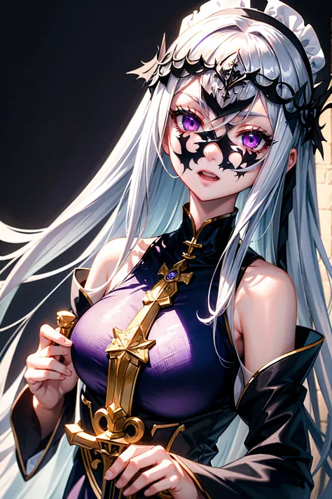  one girl playing pranks、Sister、Clergy、front、{{Silver Hair、Long Hair、Purple Eyes、 and Im wearing a veil、 Slender Eyes、Long eyelashes}}、Best Quality、 anime style、{{ weapon、sword、White clothes}}、Big Breasts、Fair skin