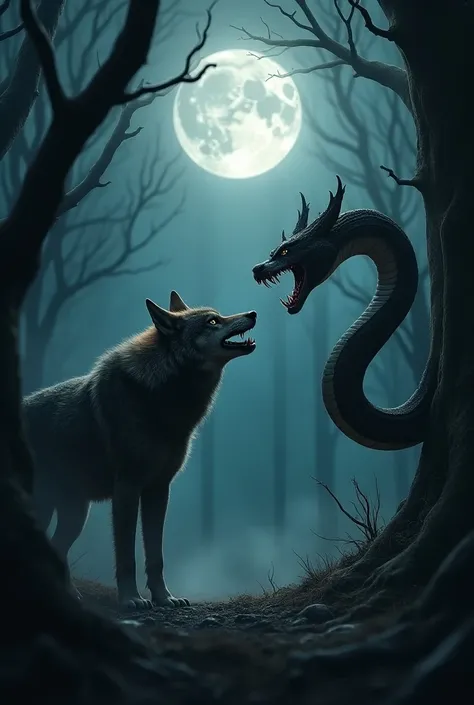 Create a highly detailed image of a fierce wolf and a large snake facing each other in a dark, eerie forest. The wolf has intense eyes and a snarling expression, while the snake coils up, ready to strike. The scene is misty and shadowed, with moonlight fil...