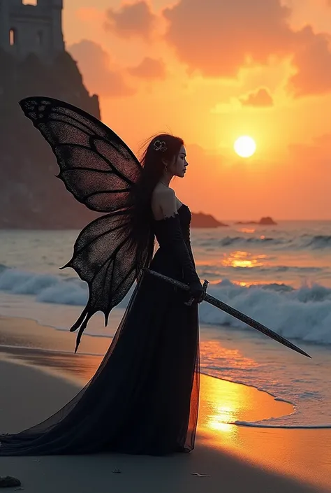 A midnight sun dips into the vast ocean, casting a warm glow on the sandy beach. A mysterious figure emerges from the shadows of the ancient castle ruins, a korean vampire maiden with ethereal wings unfolding like a dark butterflys. She wields a gleaming s...