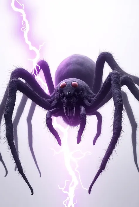 a giant spider surrounded by purple lightning white background