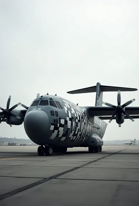 Hercules aircraft not flying with black and white pixelated camouflage 