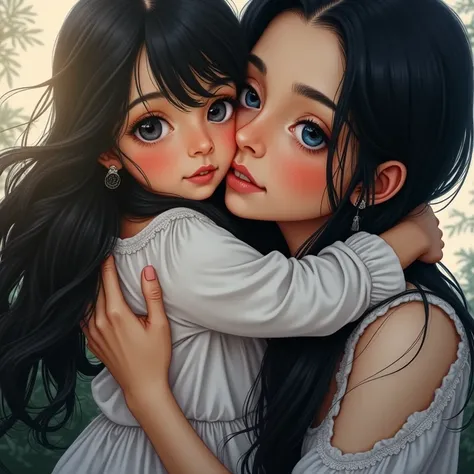 Woman with black hair and blue eyes, hugging his daughter,  of black hair and gray eyes  