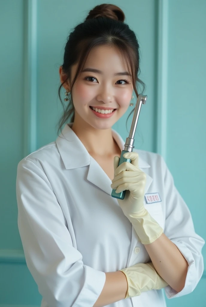  looks young and beautiful , Japanese girl dentist, Completely naked, Knee-length shiny stylish rubber boots, Egg-colored latex gloves,, Holding the endoscope in your hand
