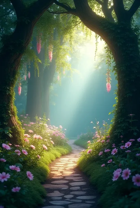 (photorealism:1.2), A realistic, 4K photo of an ethereal forest path surrounded by lush, vibrant flowers and greenery. The path winds gently through a magical forest, with delicate pink and purple blossoms hanging from the trees and glowing softly in the d...