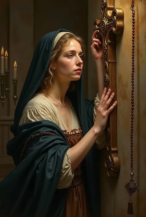 A lady embracing the cross with the holy rosary in her hands.