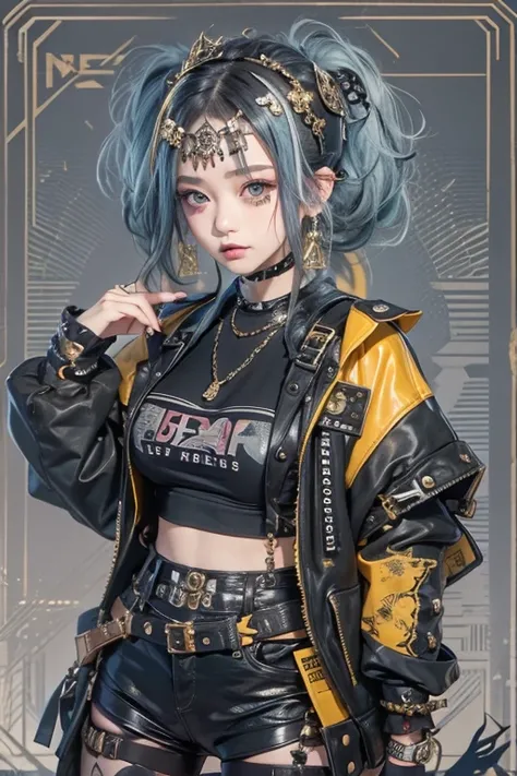  high resolution on down、masterpiece、Best Quality、punk、golden black hair 、 hair accessory、 beautiful girl、 Creative 、punkシャツ、Neogoth、 goth fashion ：1.2、 fine skin、 sharp concentration、( Movie Lighting)、 ponytail、Shoulder Bare、whole body、dr.  martin boots