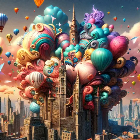 a close up of a city with many balloons flying in the sky, elaborate digital art, surrealistic digital artwork, 3 d epic illustrations, thomas kinkade and tristan eaton, 4k highly detailed digital art, highly detailed digital art, fabulous illustrations, s...