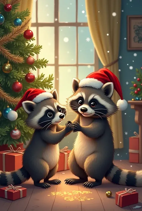 A raccoon in his house arranging his Christmas tree with Christmas hats and his raccoon ren and saying “Joyeux Noël” in French and well written and looking as if it were a drawing  