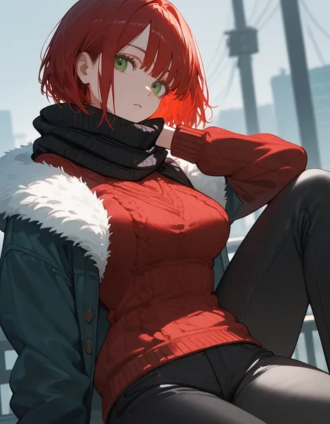 (Close up), score_9, score_8_up, score_7_up, (bang), 1girl, sitting, red hair, bob haircut, green eyes, ((pose)), black winter jacket, (hips), hands, fingers, Anatomically correct, medium breast, (black trousers), burgundy sweater, black scarf, outdoor
