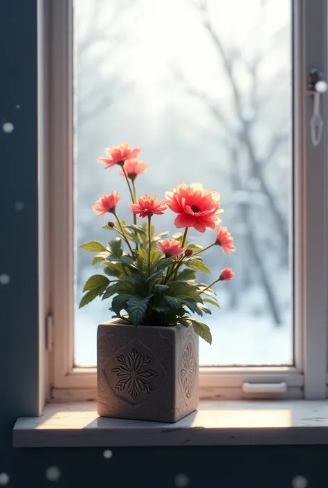  A potted flower ,  that stands on the windowsill in a square planter , and winter outside the window 