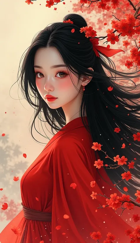 Create an illustration that embodies the essence of a captivating moment featuring "The Girl in Red." She has flowing long black hair that cascades elegantly, and her deep, charming eyes draw the viewer in. The artwork should blend elements of American com...