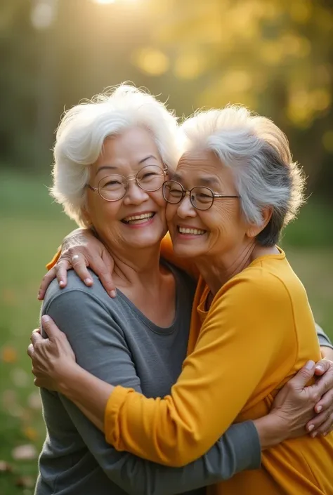 Long shot, a warm scene of a 25-year-old Asian woman embracing her 75-year-old mother. The mother has white hair, wearing spectacles, smiling and looking happy; the young woman also has a smile on her face, gently nestling on the old mans shoulder, with he...