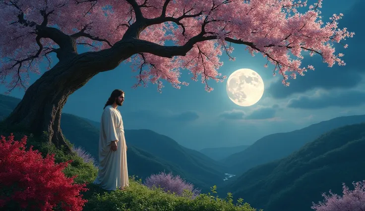 Cherry tree, Jesus standing under tree, full moon night, red bush flower, hill bush, hills far away 