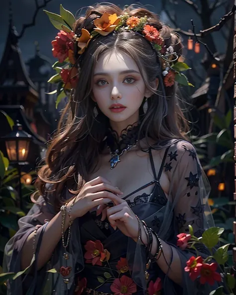 Best Quality, masterpiece,   Attention to details,   Intricate Details , Realistic, Mysterious Halloween woman with a bright expression,   Eerie Atmosphere  