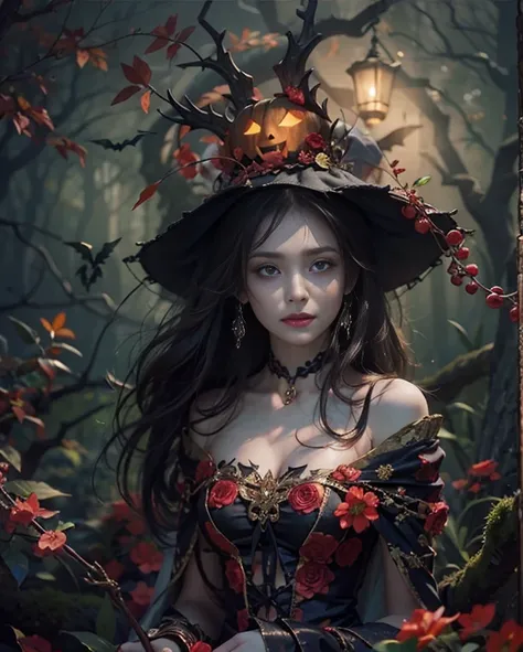 Best Quality, masterpiece,   Attention to details,   Intricate Details , Realistic, Mysterious Halloween woman with a bright expression,   Eerie Atmosphere  