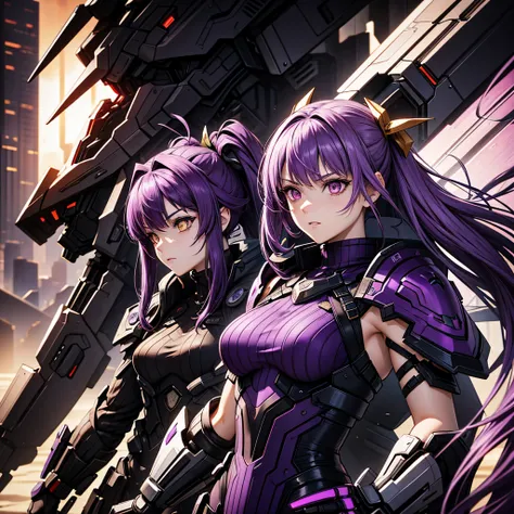 1 ,Alone, high resolution , medium hair, purple hair, hair with highlights, expressive hair, loose hair,fringe,  small breasts , futuristic combat outfit with purple and red details,yellow eyes, Hair bow, anime,  character design , 22 yearsPrecise , Ultra ...