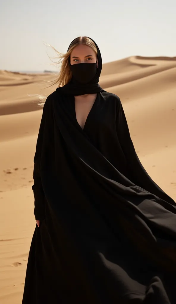 a striking, high-fashion shot of a blonde influencer with long hair, her face framed by a traditional black headscarf and abaya ...