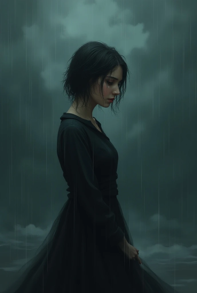 Sad woman under the storm and the rain she is heartbroken 