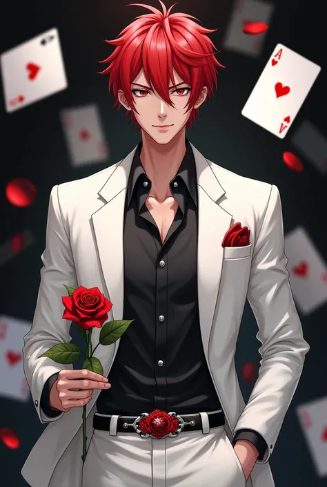 日本人の細身のmale。Full of confidence。Wearing a white suit、Inside is wearing a black shirt。 Im wearing a belt with a red rose pattern。I have a red rose in my hand 。Only the bangs are red 。Red Bangs。 playing cards in the background 。日本人male。Thin, angled eyebrows。R...