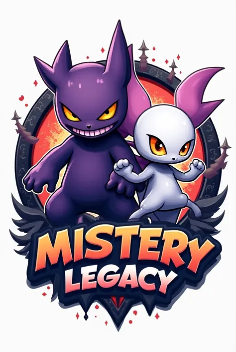 Desenhe uma logo pro meu server com o pokemon gengar e o mewtwo  na frente e o nome Mistery Legacy deixe bem cartoon
