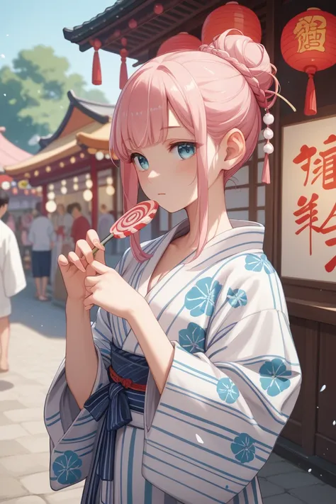 Light pink hair 、 bun hair、 half twin 、 long hair、 princess cut、 yukata with a picture of alcohol written on it、 Japanese festival background 、 turn around、Carving cotton candy 