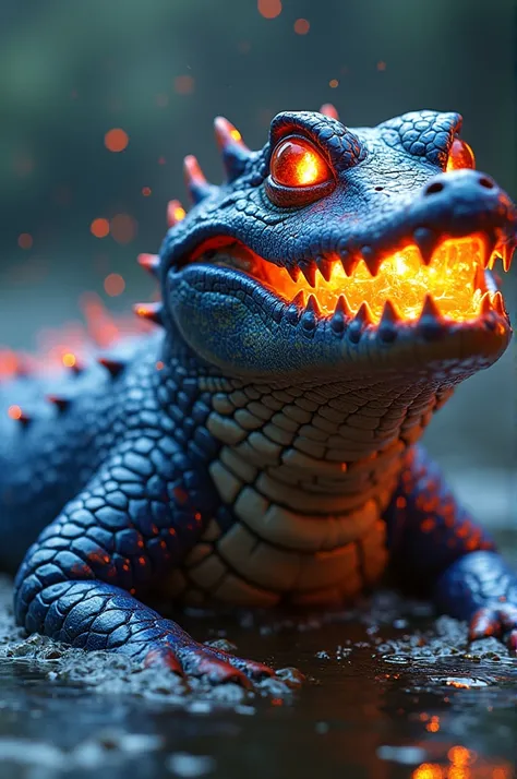 "A crocodile made entirely out of Pepsi, with its entire body covered in the word Pepsi written in bold, vibrant letters. The crocodiles scales shimmer with a glossy, carbonated texture, and from its glowing eyes, fire bursts out, creating an intense contr...