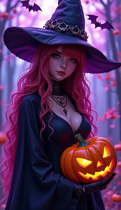 a cyberpunk cyborg girl,(1woman),jack-o-lantern,witch,halloween decorations,transparent purple overlay,photorealistic,8k,highly detailed,masterpiece,(best quality,4k,8k,highres,masterpiece:1.2),ultra-detailed,(realistic,photorealistic,photo-realistic:1.37)...