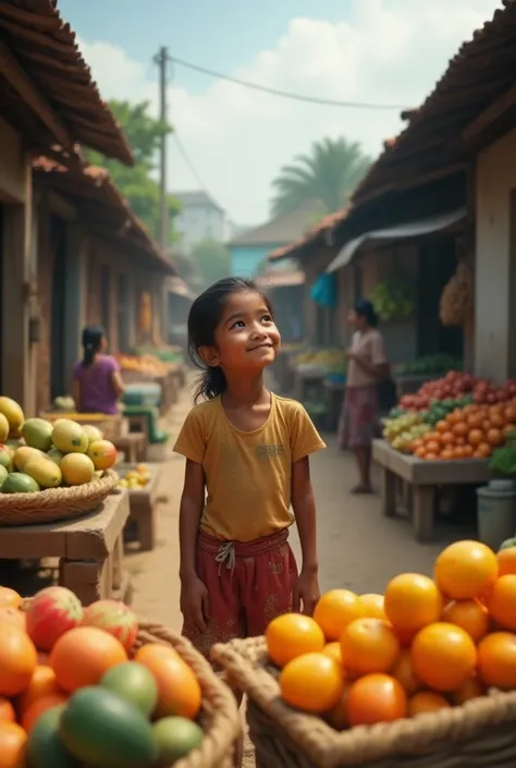 A young girl, Riya, around , standing in a small rural marketplace with a hopeful look, glancing up at the sky while helping her parents sell fruits. Realistic.