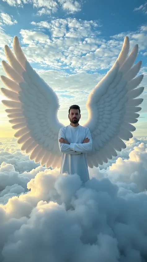 create a hyper-realistic, cinematic image of a man with impressive, detailed angel wings, appearing ethereal and majestic as he ...