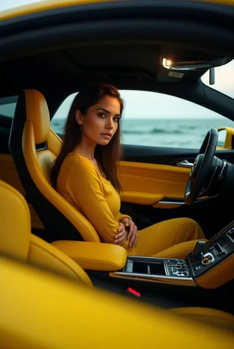  Woman inside her Lamborghini Urus brand car, with yellow seats  