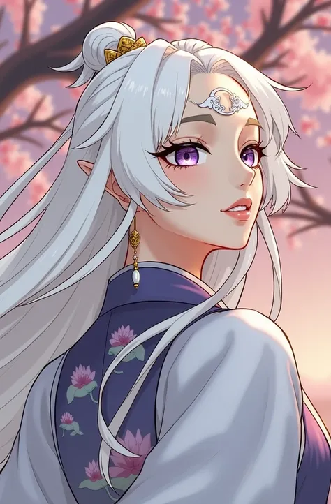  woman , purple eyes ,  eyes the color of the setting sky ,  purple eyes, white hair, white crescent moon on forehead ,  white crescent pendant on forehead ,  purple hanfu with embroidered lotuses , purple hanfu ,  lotuses are embroidered on hanfu,  girl d...