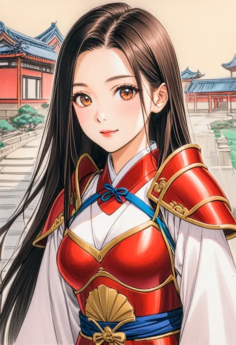  Japanese pretty woman, ancient Chinese white costume、red round armor on shoulders 、Forehead、 long straight hair 、Art，ad，colour pencil drawing，draft drawing ，The background is a Chinese mansion、