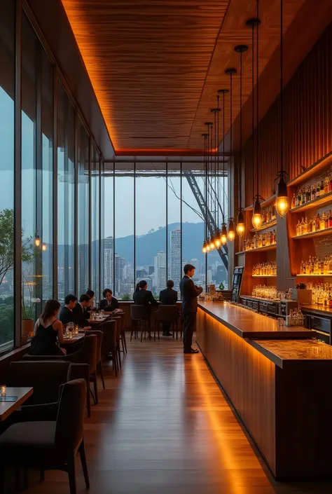 Traditional and futuristic Japanese bar in glass with wood, sophisticated lighting 