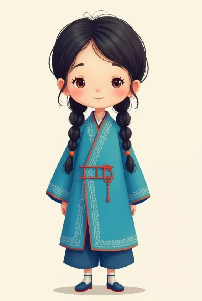 a hakka girl with braids, wearing blue, cute character illustration vector art, full body portrait, hakka totem