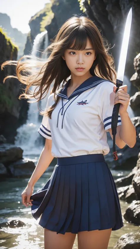 (Ultra HD, Highest quality, High resolution, Hyperrealistic, super beautiful), 24000dpi, Beautiful woman, Long Tail, Well-formed eyes, Eyesight max, 18-year-old, Alluring, Completely American, perfect body, Physical Beauty, ((Japanese blue sailor uniform, ...