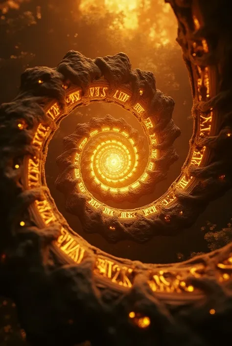 A spiral seen from top with roman numbers like on a clock which are glowing written on the spiral  and the spiral is going from close to far with a golden darkish lighting, and at the furthest point of the spiral theres a clock
